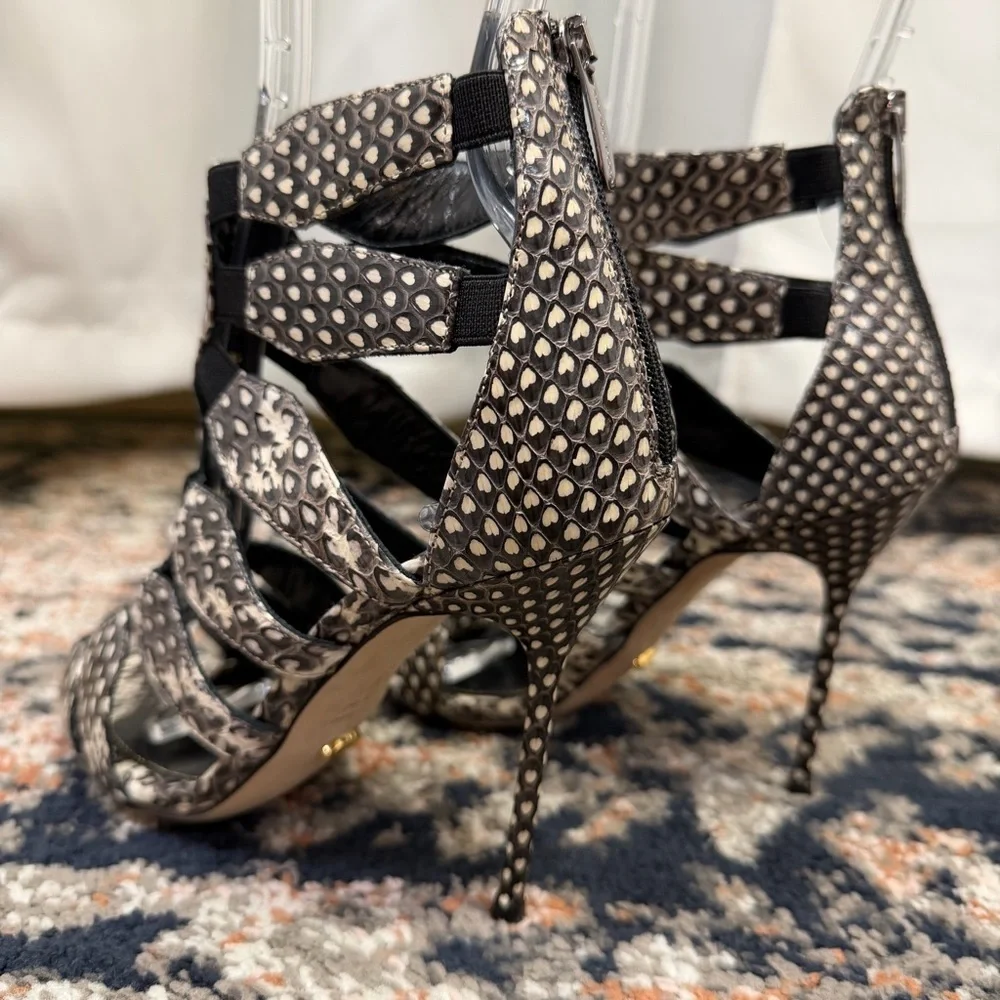 NWOT Sergio Rossi ‘Meccano Elaphe’ Cutout Heeled Sandals in Cream & Gray Snake 5